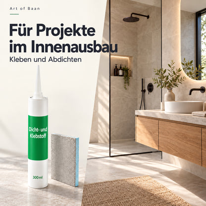 Art of Baan Dicht- und Klebstoff im Badezimmer mit Holzwaschtisch, Glasduschwand, Fliesen und dunklen Metallarmaturen.