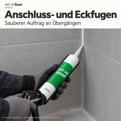Verarbeitung von Art of Baan Dicht- und Klebstoff mit einer Kartuschenpresse an der Innenecke zweier Bauplatten.