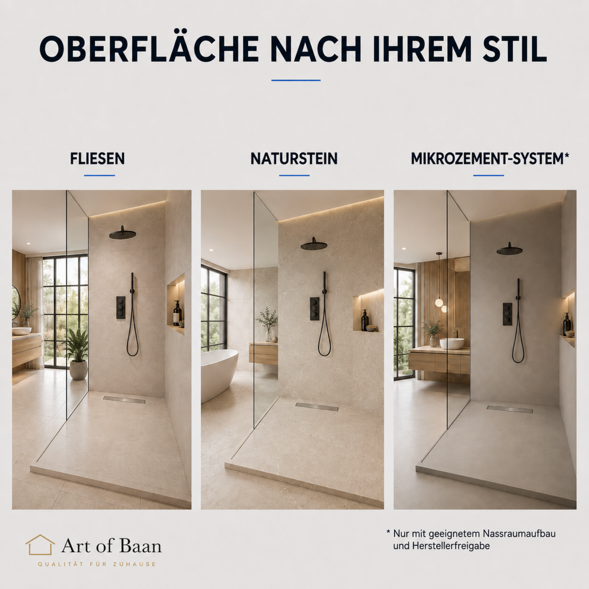 Art of Baan Duschboard in modernen Duschen mit Fliesen, Naturstein oder Mikrozement und Edelstahl-Linearrinne.