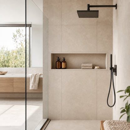 Waagerecht eingebaute, beige beflieste Duschnische mit Pflegeprodukten in einer modernen Dusche mit schwarzen Armaturen.