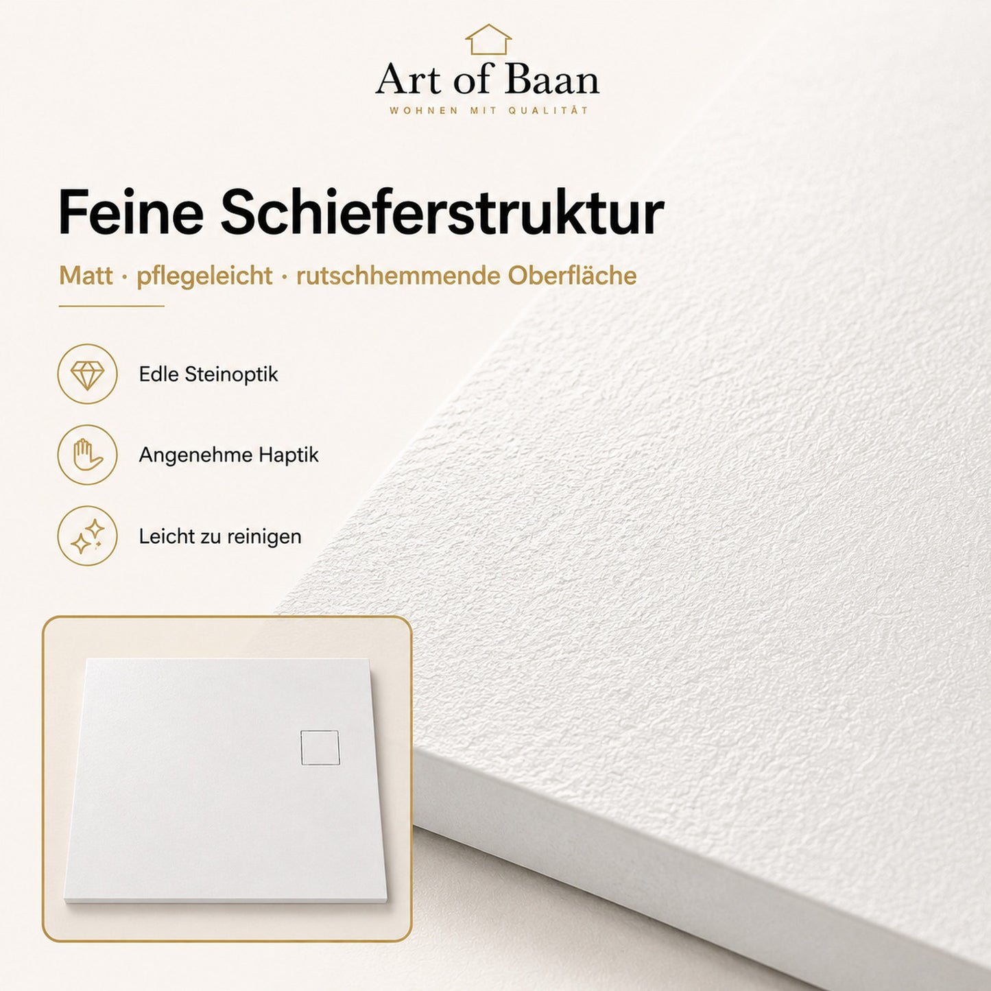 Art of Baan SMC Duschwanne in Weiß mit feiner rutschhemmender Schieferstruktur und pflegeleichter matter Oberfläche
