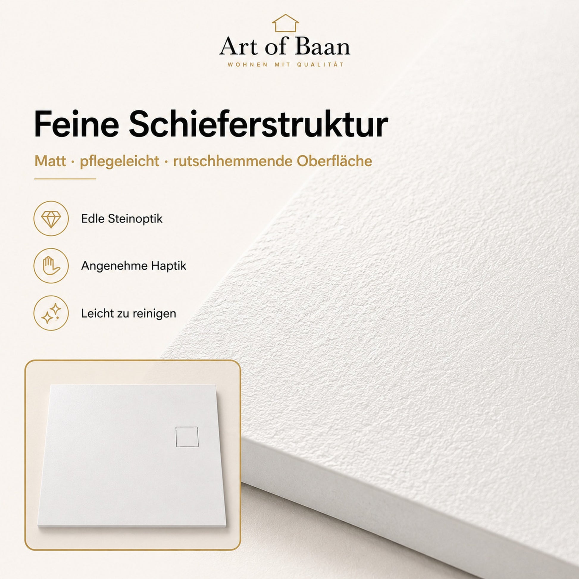 Art of Baan SMC Duschwanne in Weiß mit feiner rutschhemmender Schieferstruktur und pflegeleichter matter Oberfläche