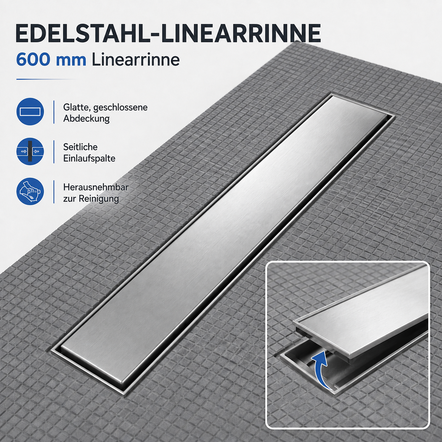 600-mm-Edelstahl-Linearrinne im Duschboard mit geschlossener Abdeckung, seitlichen Einlaufspalten und herausnehmbarem Einsatz zur Reinigung.