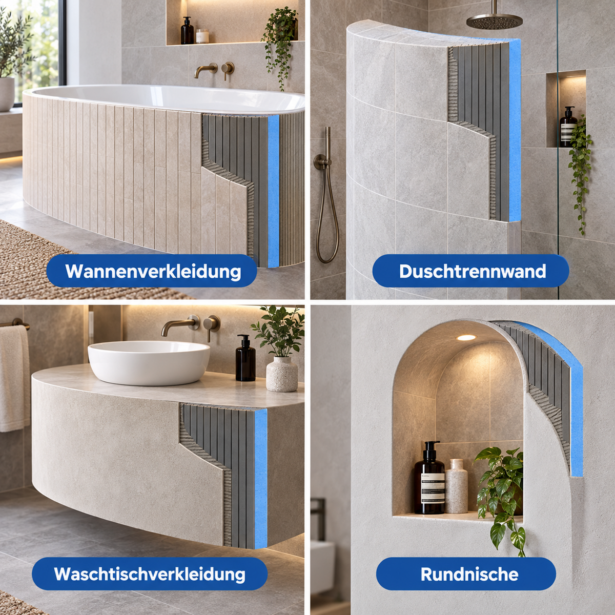 Beispiele für Wannenverkleidung, Duschtrennwand, Waschtischverkleidung und Rundnische aus flexibler Bauplatte