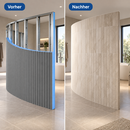 Illustration einer gebogenen Duschtrennwand im Rohbau und mit Fliesenbelag