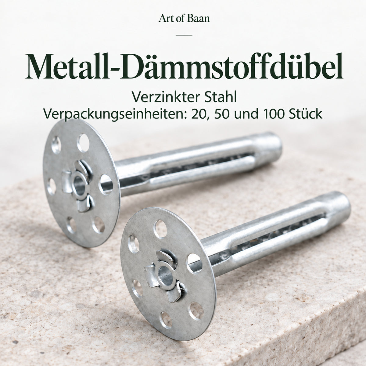 Zwei Art of Baan Metall-Dämmstoffdübel aus verzinktem Stahl mit gelochtem Dübelteller, erhältlich mit 20, 50 oder 100 Stück.