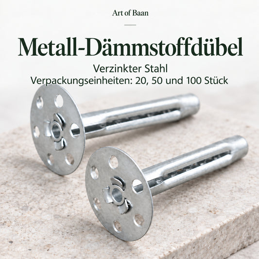 Zwei Art of Baan Metall-Dämmstoffdübel aus verzinktem Stahl mit gelochtem Dübelteller, erhältlich mit 20, 50 oder 100 Stück.