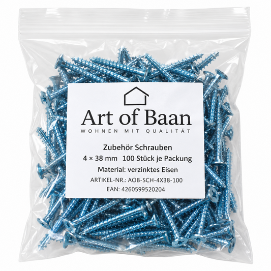 Art of Baan Befestigungsschrauben 4 × 38 mm im beschrifteten Beutel mit 100 Stück und zwei losen Schrauben vor weißem Hintergrund.