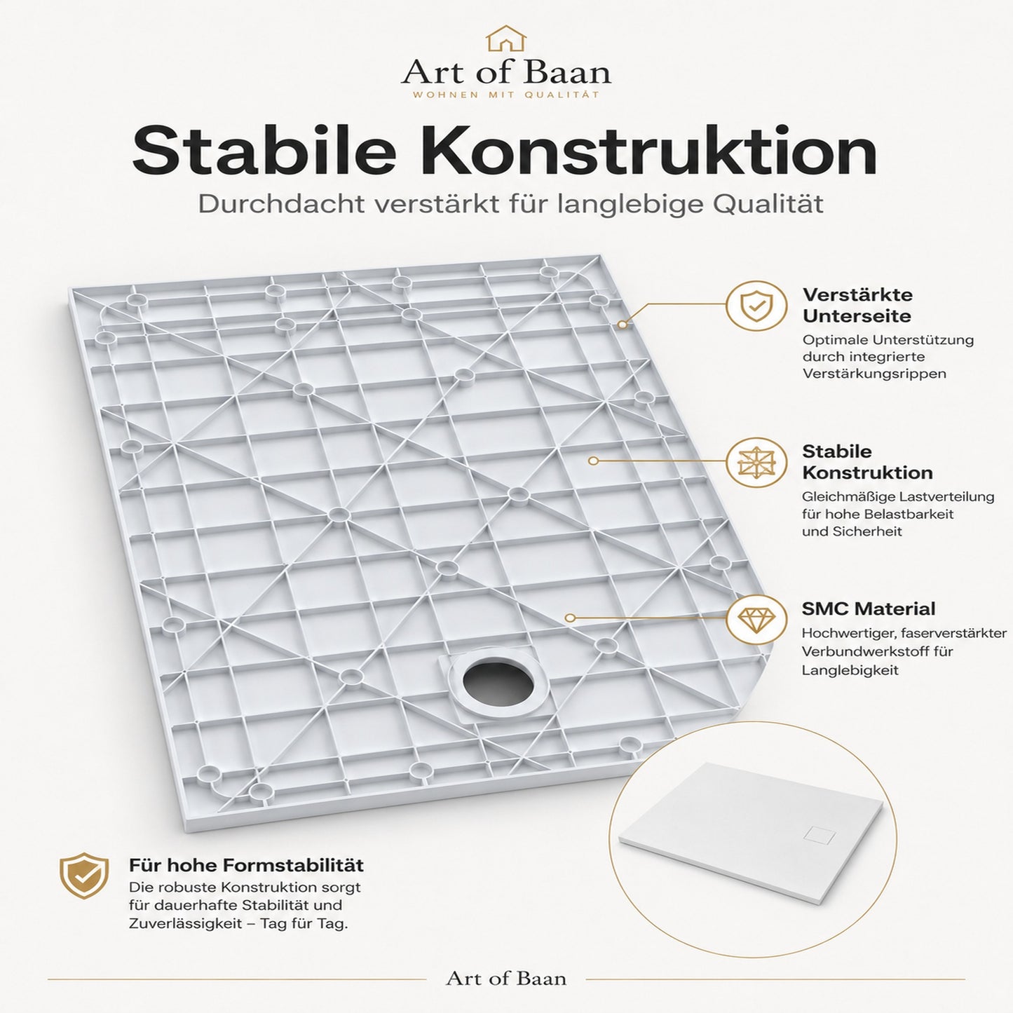 Stabile Art of Baan SMC Duschwanne mit glasfaserverstärktem Material, robuster Unterseite und langlebiger Konstruktion
