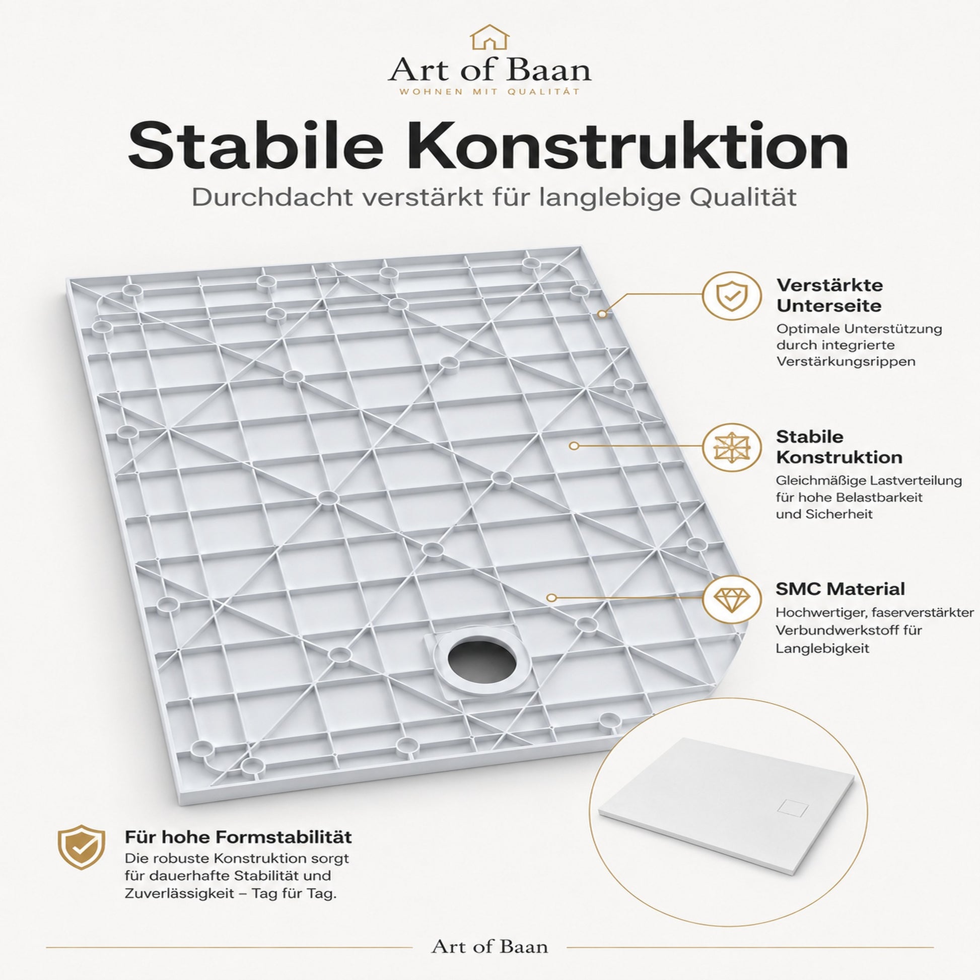 Stabile Art of Baan SMC Duschwanne mit glasfaserverstärktem Material, robuster Unterseite und langlebiger Konstruktion