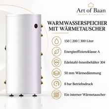 Übersicht der Produktvorteile des Art of Baan Warmwasserspeichers: Edelstahl 304, EEK A und 8 bar Betriebsdruck