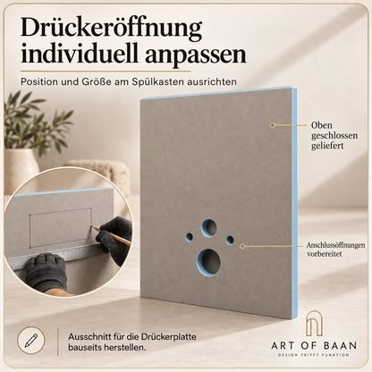 WC-Bauplatte mit vorbereiteten Anschlussöffnungen und geschlossenem oberen Bereich; Detailansicht zeigt das Anzeichnen des individuellen Drückerausschnitts.