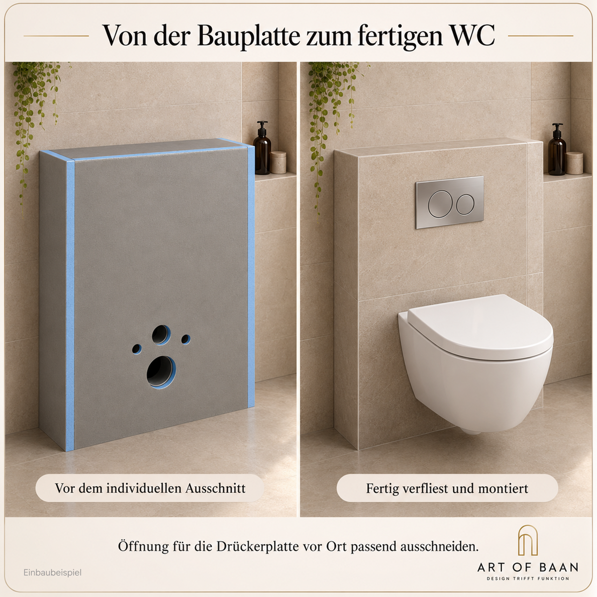 WC-Vorwandverkleidung aus XPS-Bauplatten vor dem Drückerausschnitt und fertig verfliest mit wandhängendem WC und montierter Drückerplatte.
