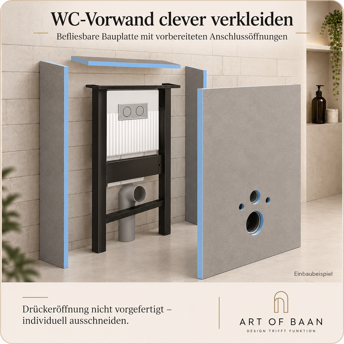 XPS-Bauplatten zur WC-Vorwandverkleidung mit separater Front-, Seiten- und Deckplatte vor einem WC-Tragelement, oben ohne Drückerausschnitt.