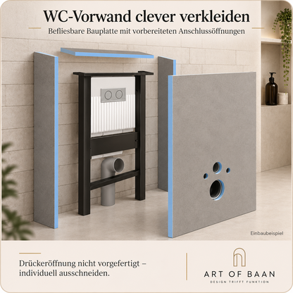 XPS-Bauplatten zur WC-Vorwandverkleidung mit separater Front-, Seiten- und Deckplatte vor einem WC-Tragelement, oben ohne Drückerausschnitt.