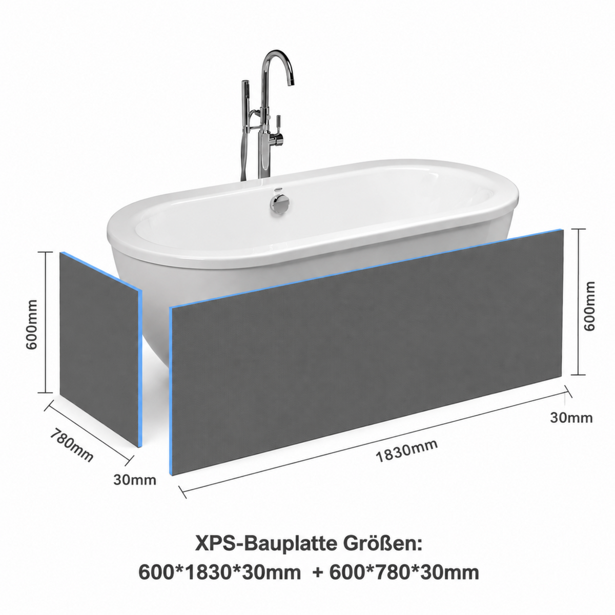 Abmessungen XPS Badewannenverkleidung Set 1830x600x30 mm und 780x600x30 mm