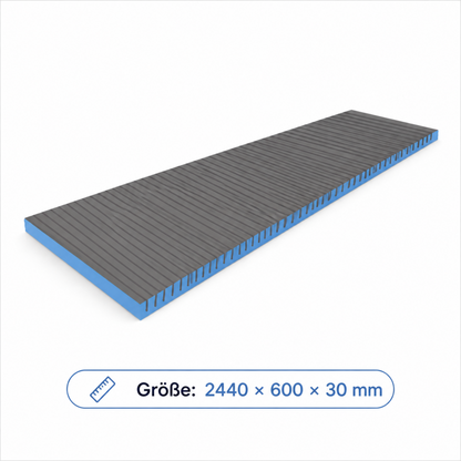 Freigestellte Art of Baan XPS Bauplatte im flachen Zustand mit den Abmessungen 2440 × 600 × 30 mm.