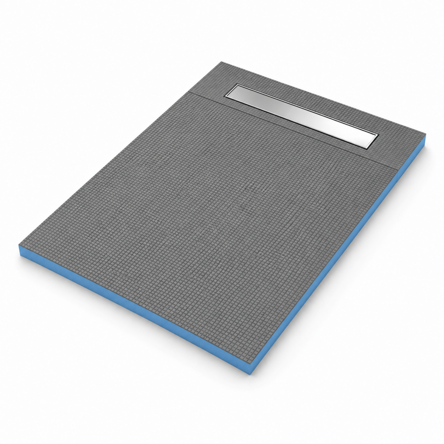 Art of Baan XPS-Duschboard 120 × 90 cm mit grauer Rasteroberfläche und integrierter 600-mm-Edelstahl-Linearrinne.