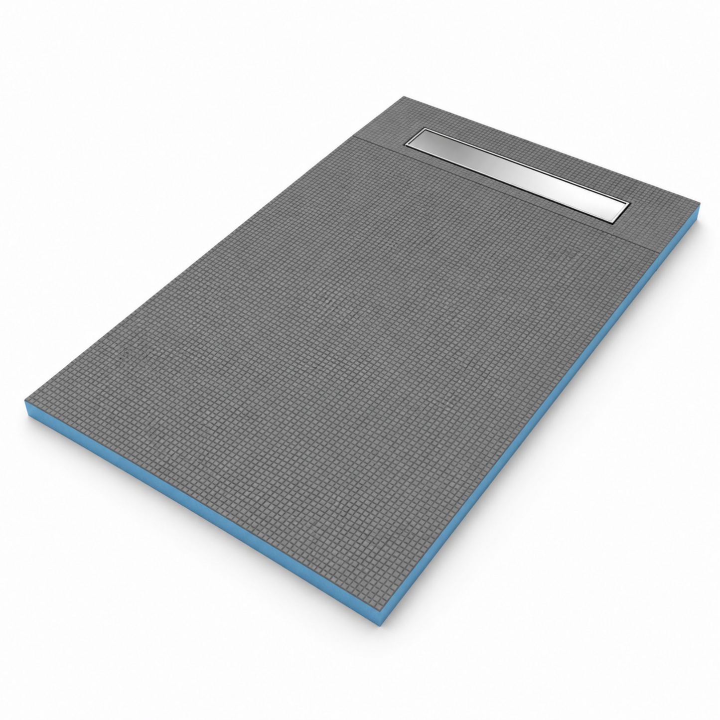 Art of Baan XPS-Duschboard 140 × 90 cm mit grauer Rasteroberfläche und integrierter 600-mm-Edelstahl-Linearrinne.