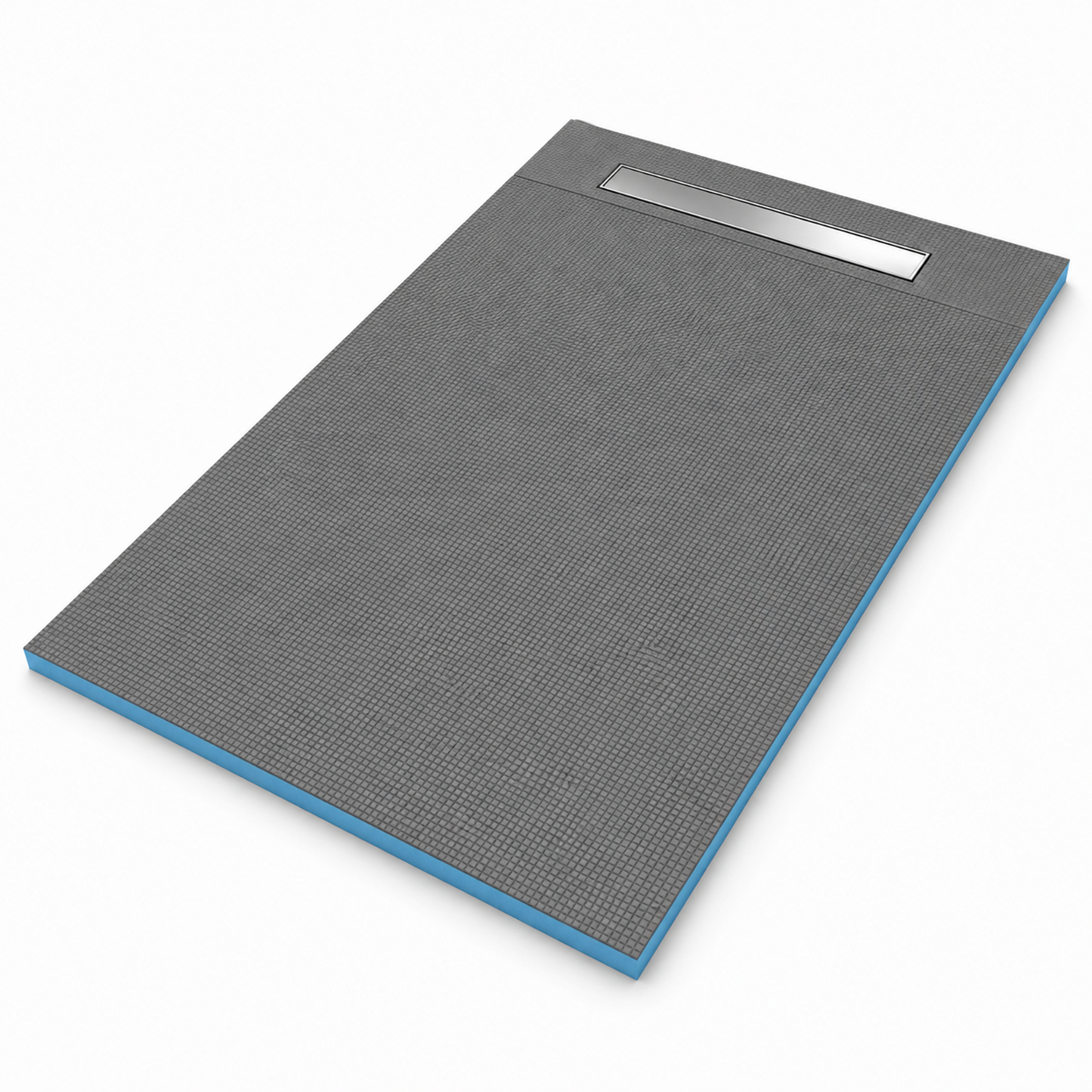 Art of Baan XPS-Duschboard 160 × 90 cm mit grauer Rasteroberfläche und integrierter 600-mm-Edelstahl-Linearrinne.