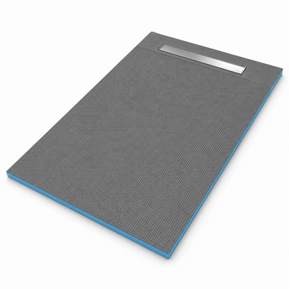 Art of Baan XPS-Duschboard 160 × 90 cm mit grauer Rasteroberfläche und integrierter 600-mm-Edelstahl-Linearrinne.