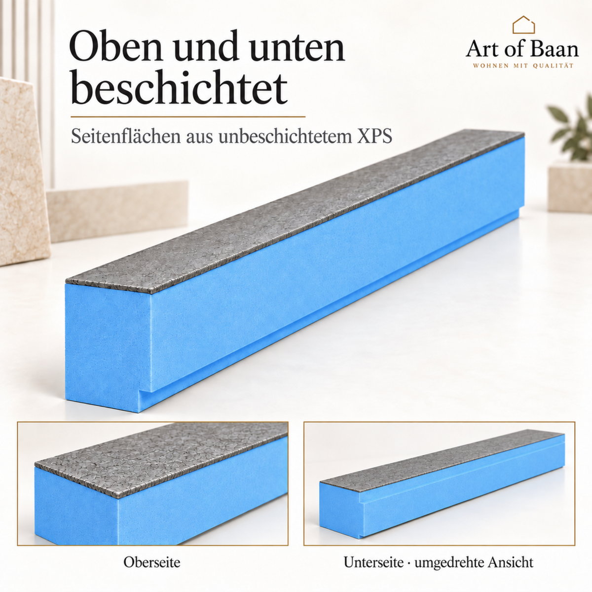 Materialaufbau der XPS-Duschschwelle mit Mörtelbeschichtung ausschließlich oben und unten sowie unbeschichteten Seiten