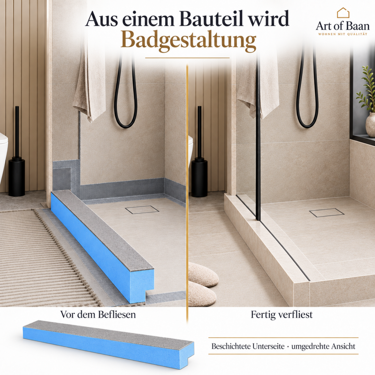 Duschschwelle mit blauen XPS-Seiten vor dem Befliesen und fertig verfliest mit Glasabtrennung, ergänzt um eine Unterseitenansicht