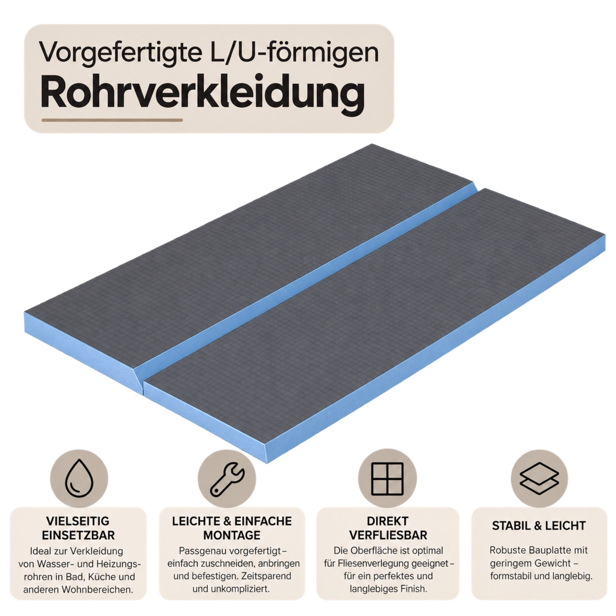 Art of Baan XPS Rohrverkleidung L-Form und U-Form – Infografik zu Vorteilen, einfacher Montage und direkter Befliesbarkeit