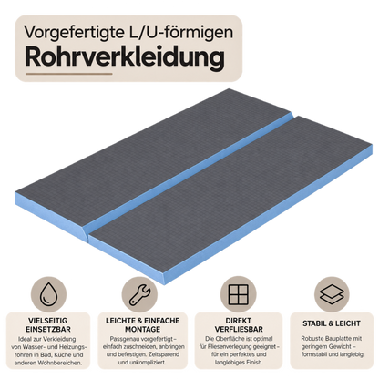 Art of Baan XPS Rohrverkleidung L-Form und U-Form – Infografik zu Vorteilen, einfacher Montage und direkter Befliesbarkeit