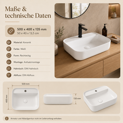 Aufsatzwaschbecken Keramik 50x40 cm – weiß mit Lotus-Effekt | DIN Hahnloch & Abfluss, pflegeleichtes Handwaschbecken