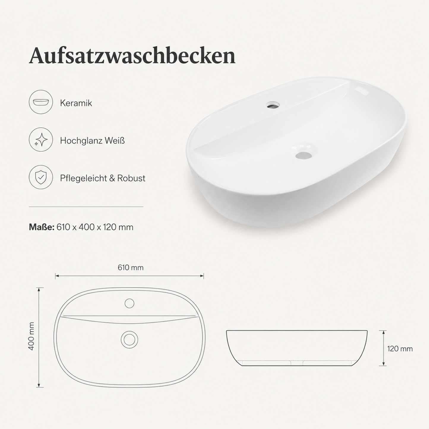 Technische Zeichnung des ovalen Aufsatzwaschbeckens mit Maßen 610 x 400 x 120 mm
