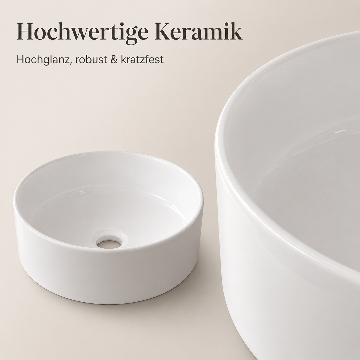 Detailaufnahme der weißen Hochglanz-Keramik eines runden Aufsatzwaschbeckens