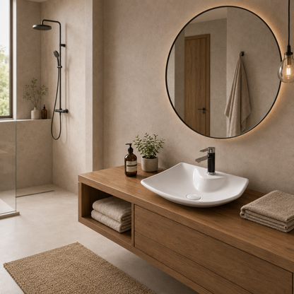 Weißes Keramik-Aufsatzwaschbecken 485 x 385 x 140 mm auf Holzwaschtisch im modernen Badezimmer mit Dusche