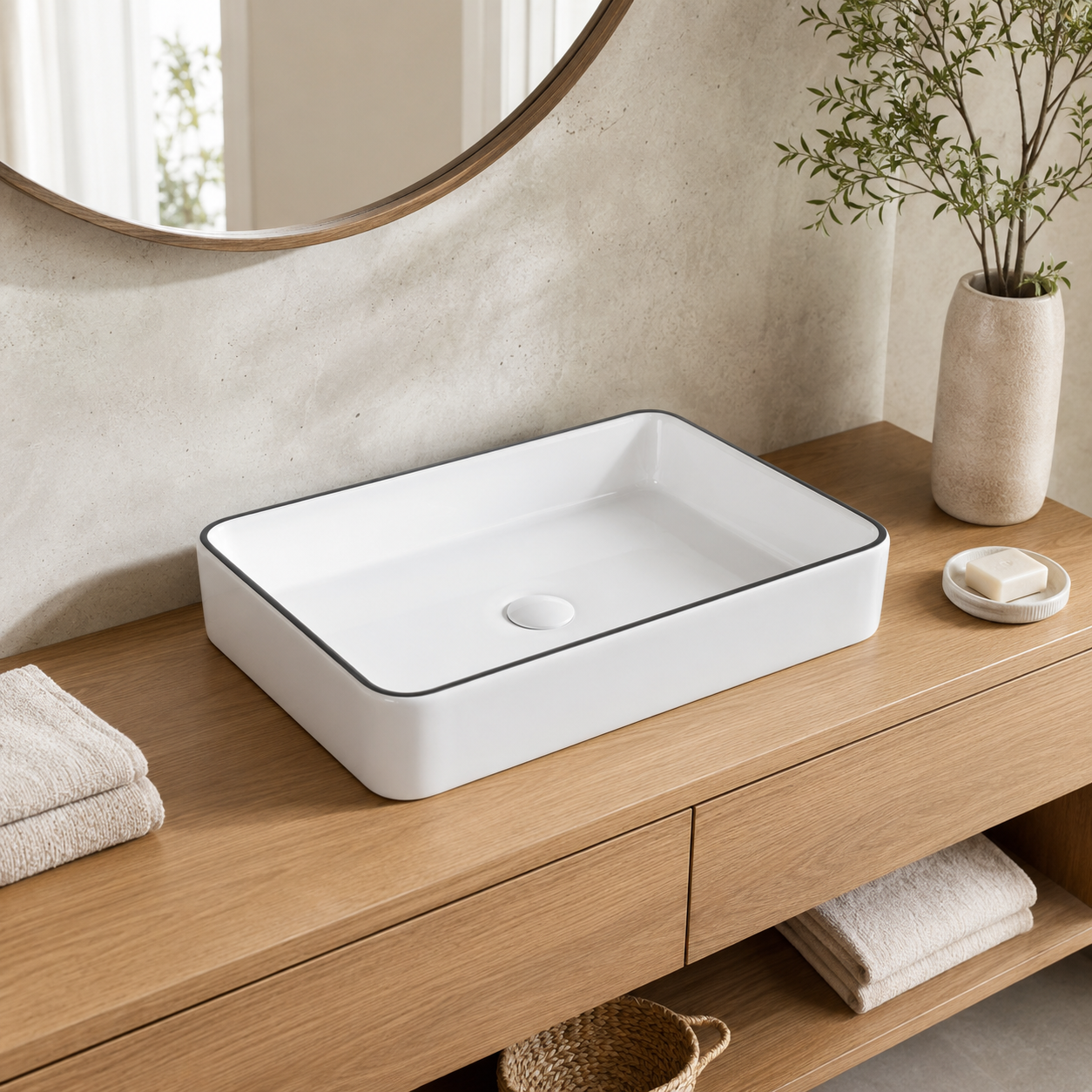 Weißes Keramik-Aufsatzwaschbecken 610 x 410 mm auf Holzwaschtisch im modernen Badezimmer