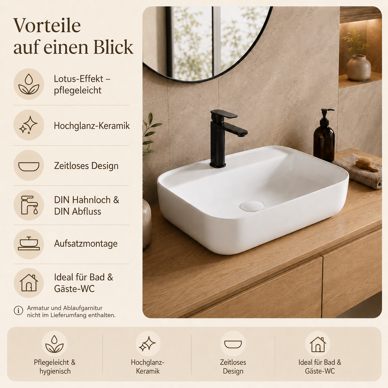 Aufsatzwaschbecken Keramik 50x40 cm – weiß mit Lotus-Effekt | DIN Hahnloch & Abfluss, pflegeleichtes Handwaschbecken