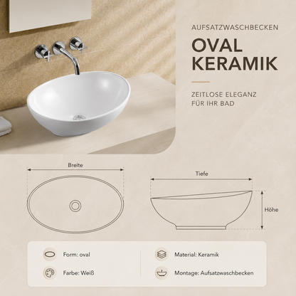Aufsatzwaschbecken oval 41x33x14 cm – Keramik Waschschale weiß – mit Lotus-Effekt | Handwaschbecken ideal für Gäste WC