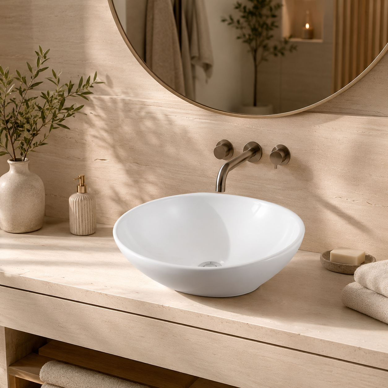 Aufsatzwaschbecken oval 41x33x14 cm – Keramik Waschschale weiß – mit Lotus-Effekt | Handwaschbecken ideal für Gäste WC