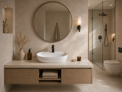 Modernes Badezimmer mit ovalem weißem Keramik Aufsatzwaschbecken und rundem Spiegel