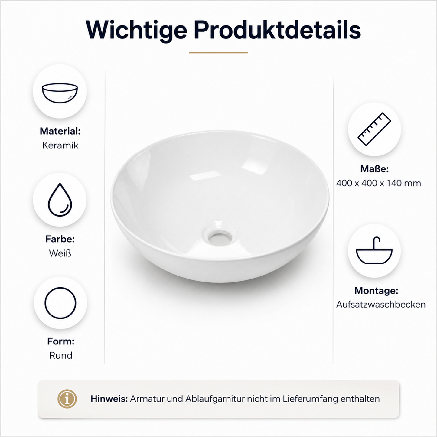 Aufsatzwaschbecken Keramik 40x40 cm – weiß mit Lotus-Effekt | pflegeleicht & modernes Waschbecken
