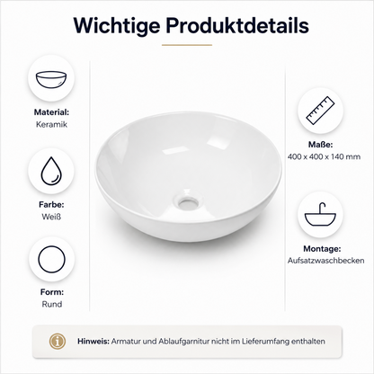 Aufsatzwaschbecken Keramik 40x40 cm – weiß mit Lotus-Effekt | pflegeleicht & modernes Waschbecken