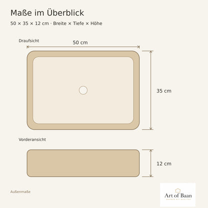Maßgrafik des Travertin-Aufsatzwaschbeckens mit 50 cm Breite, 35 cm Tiefe und 12 cm Höhe.
