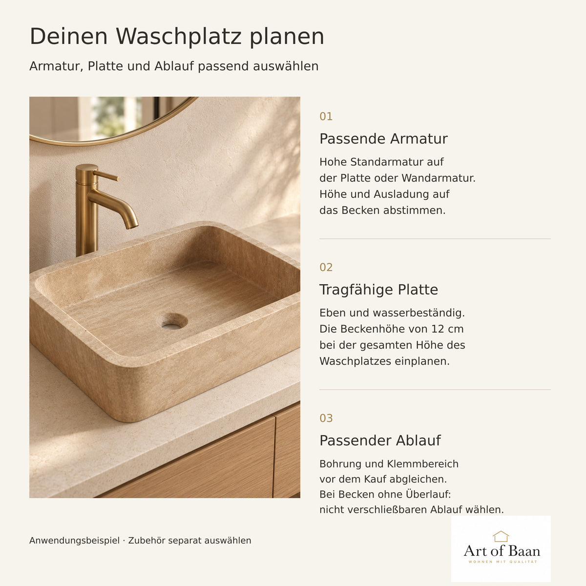 Planungsgrafik zum Travertinwaschbecken mit Hinweisen zur Armatur, tragfähigen Waschtischplatte und Ablaufwahl.
