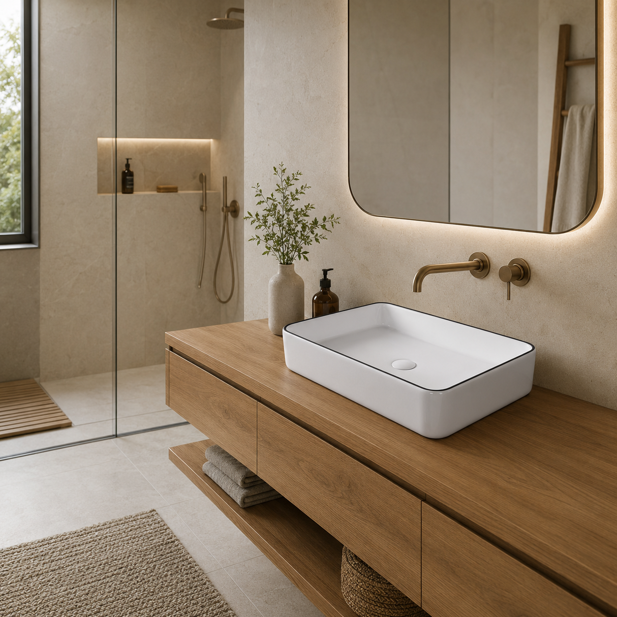 Modernes Badezimmer mit weißem Keramik-Aufsatzwaschbecken 610 x 410 mm auf Holzwaschtisch