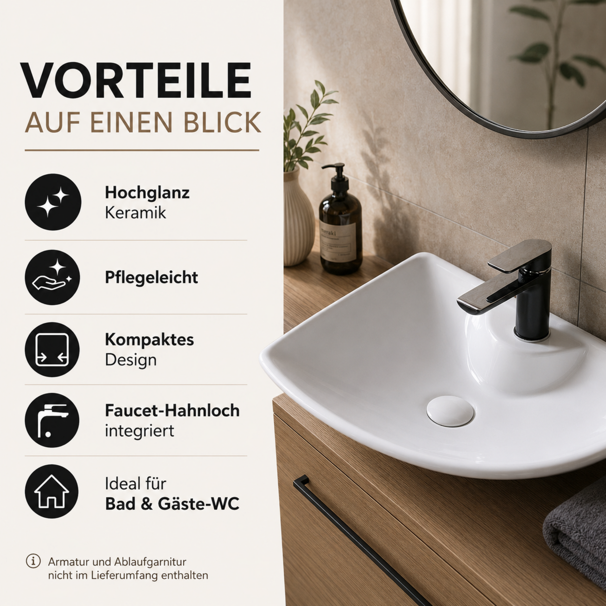 Vorteile des weißen eckigen Keramik-Aufsatzwaschbeckens mit Hochglanz-Oberfläche
