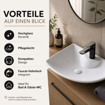 Vorteile des weißen eckigen Keramik-Aufsatzwaschbeckens mit Hochglanz-Oberfläche