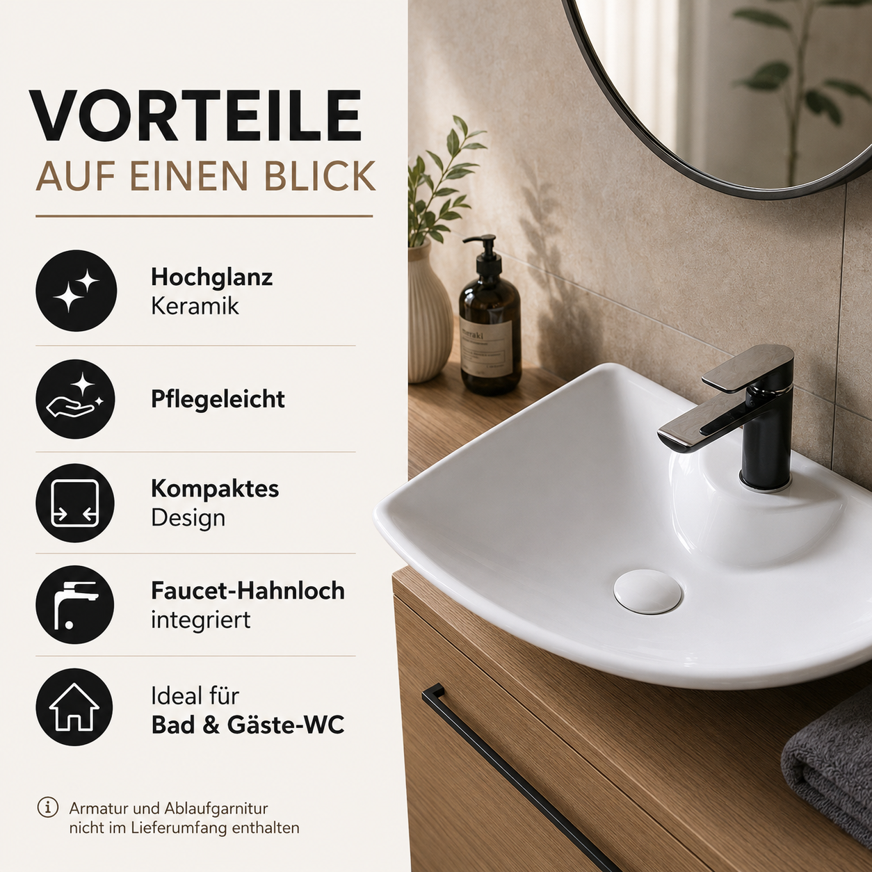 Vorteile des weißen eckigen Keramik-Aufsatzwaschbeckens mit Hochglanz-Oberfläche