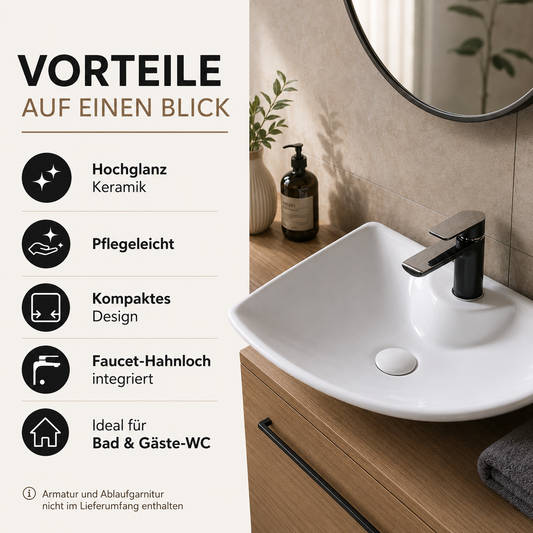 Vorteile des weißen eckigen Keramik-Aufsatzwaschbeckens mit Hochglanz-Oberfläche