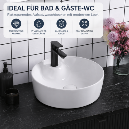 Weißes Keramik Aufsatzwaschbecken für Bad und Gäste-WC mit moderner Waschtischgestaltung