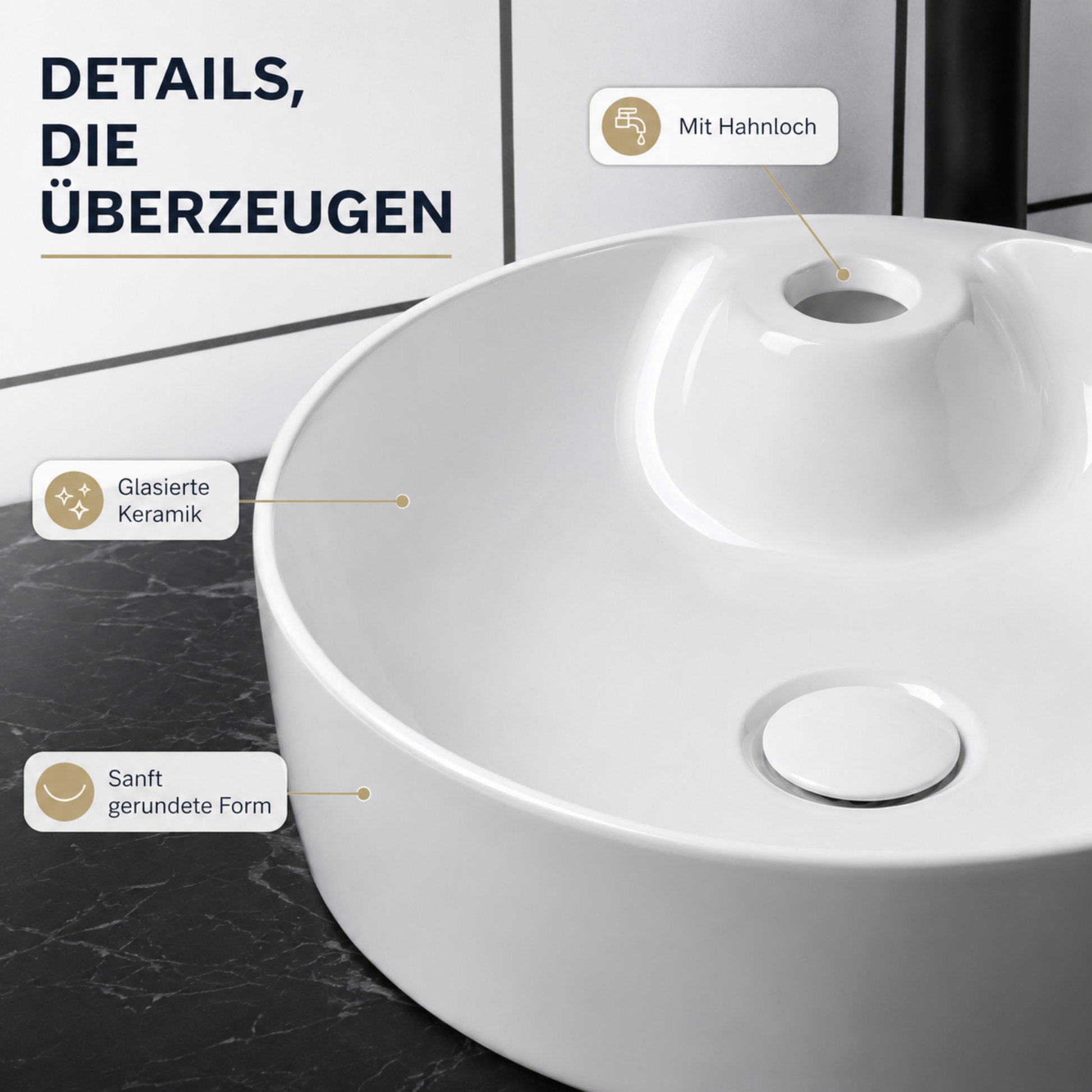 Detailansicht des weißen Keramik Aufsatzwaschbeckens mit Hahnloch und glatter Oberfläche