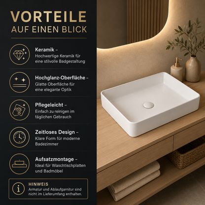 Vorteile des rechteckigen weißen Keramik-Aufsatzwaschbeckens mit Hochglanz-Oberfläche